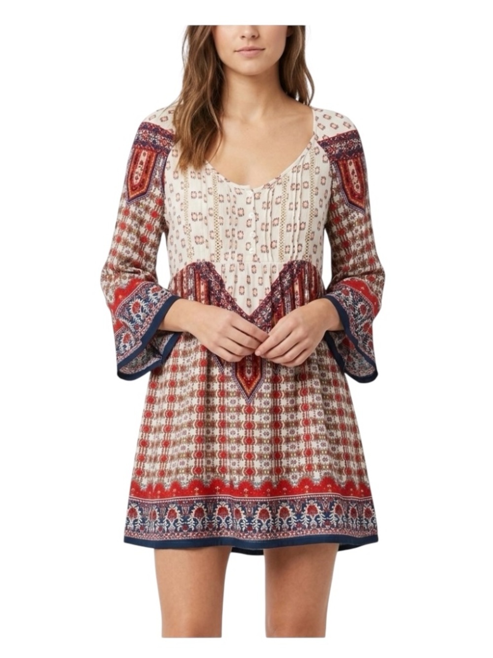 Altar'd State Mixed Print Tunic Dress Sz L Bell Sleeve Boho Gypsy Girl Peasant